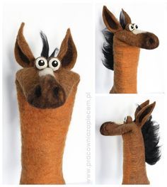 three pictures of a stuffed horse with big eyes and long hair on it's head