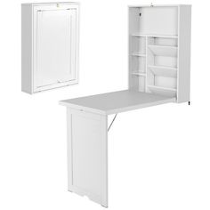 two white cabinets with doors and shelves on each side