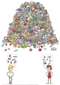 two people standing in front of a large pile of stickers on a white background