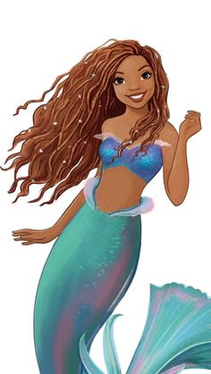 a drawing of a mermaid with her hair blowing in the wind and smiling at the camera