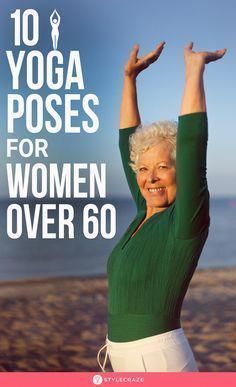 an older woman doing yoga poses for women over 60