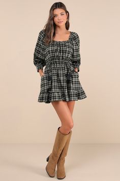 Make your fall style dreams come true with a pair of cute boots and the Lulus Autumn Perfection Green Plaid Mini Dress With Pockets! A classic plaid pattern adorns soft, lightweight woven fabric as it shapes a scoop neckline and balloon-inspired, three-quarter sleeves with gathering at the shoulders and fitted button cuffs. A row of decorative buttons adorn the front of the breezy, shift-style silhouette that boasts a functional drawstring detail (with tasseled ends) that cinches at the waist, s Plaid Mini Dress, Drawstring Detail, Cute Boots, Decorative Buttons, Fall Style, Dreams Come True, Green Plaid, Dress With Pockets, Three Quarter Sleeves