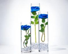 three vases filled with water and blue roses