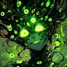 a woman's face with glowing eyes and green leaves on her hair, in front of a black background