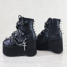 Brand New Demonia Kera 4 1/2" (114mm) Platform Lace-Up Front Ankle Boots Front Harness Strap W/ Pentagram & O-Ring Centers Metal Spike Studs Hanging Double Chain (Barbwire & Link) With Charm Details Inner Side Metal Zip Closure In Original Demonia Box Authorized Demonia Reseller For Over 10 Yrs - Twf.Shoes Alt Wardrobe, Goth Platforms, Demonia Boots, Creepers Shoes, Demonia Shoes, Punk Clothing, Platform Heels Boots, Metal Spikes, Wedge Ankle Boots