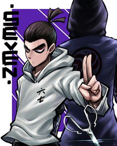 an anime character pointing at something with his finger and wearing a hoodie over his head