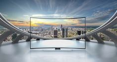 an image of a large screen tv in the middle of a room with cityscape