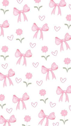 pink bows and hearts on a white background with green stems in the center, watercolor