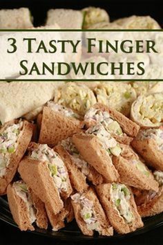 there is a plate with sandwiches on it and the words 3 tasty finger sandwiches