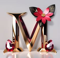 the letter m is made up of gold and red glass with a flower on top