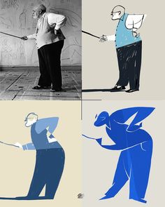 an old man is swinging a baseball bat in four different color variations, including blue and white