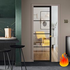 an open door leading to a kitchen with stools and a fire extinguisher