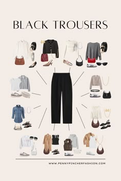 13 Effortless Black Trousers Outfits - Penny Pincher Fashion Blog Fall Outfits Black Pants, Black Pants Black Shirt Outfit, Black Classic Pants Outfit, Black Dress Pant Outfit, Casual Black Trousers Outfit, What To Wear With Black Pants, Black Trousers Outfit Aesthetic, Styling Trousers Women, Black Minimalist Wardrobe