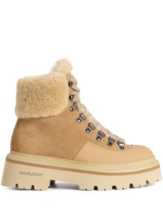 beige sheepskin/lambs wool front lace-up fastening debossed logo to the side round toe chunky rubber lug sole ankle-length Debossed Logo, Iconic Bags, Loafer Mules, Flat Boots, Exclusive Fashion, Ballet Flat Shoes, Ski Wear, Pump Sandals, Lug Sole