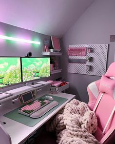 pink and green gaming setup with keyboards on pegboard Room Pc Setup, Desk Ideas Cozy, Pc Setup Ideas, Organic Desk, Cozy Desk Ideas, Pink Gaming Setup, Desk Setup Aesthetic, Cozy Desk Setup, Ikea Desk Hack