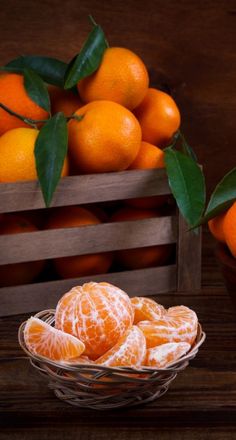 oranges in a basket on a wooden table