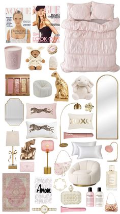 a collage of pink and gold items including bedding, pillows, lamps, mirrors