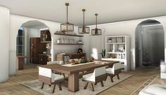 an open concept kitchen and dining room with wood flooring, white walls and cabinets