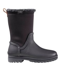 Built for total comfort in damp, chilly conditions, these durable rain boots are as cozy and comfortable as they are tough and waterproof. Order regular shoe size. Half sizes order up. PFC/PFAS-free durable water repellent (DWR). Suede pull tab for easy on/off. Waterproof vulcanized rubber upper. The True Comfort insole, our most cushioned and versatile footbed, offers excellent shock absorption and a plush, supportive ride for a variety of activities. Fleece-lined roll-down neoprene collar for Wellie Boots, Wellies Boots, Boots Waterproof, Winter Walk, Thick Socks, Liner Socks, Black 7, Comforters Cozy, L L Bean