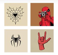 four different types of spider - man logos are shown in three separate pictures, one with a camera and the other without