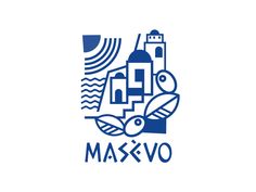 a blue and white logo with the words masvo in it's center, surrounded by buildings