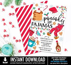 two printable christmas party menus with pineapple, pancakes and hotdogs