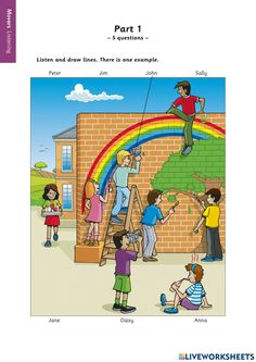 children are painting the rainbow on a brick wall, and one child is sitting on a ladder