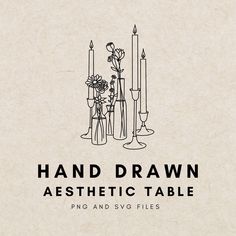 the logo for hand drawn aesthetic table with candles and vases in black on parchment paper