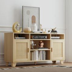 an entertainment center with books, magazines and other items