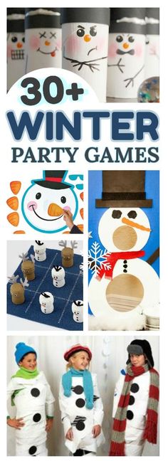 some snowmen are wearing hats and scarfs with the words winter party games on them