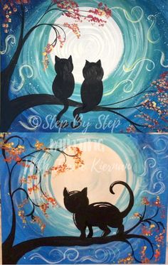 two cats sitting on top of a tree branch with the moon in the sky behind them