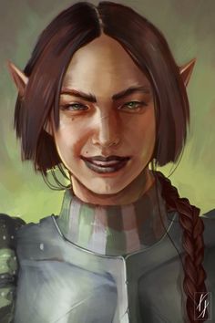 a digital painting of a female elf with braids on her hair and green eyes