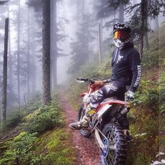 a person on a dirt bike in the woods