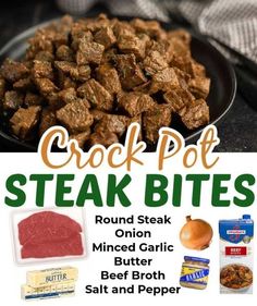 an advertisement for steak bites on a plate with meat and pepper in the background, along with other ingredients