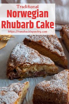 traditional norwegian rhubarb cake with powdered sugar on top