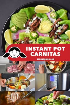 the instructions for how to make instant pot carnitass are shown in this collage