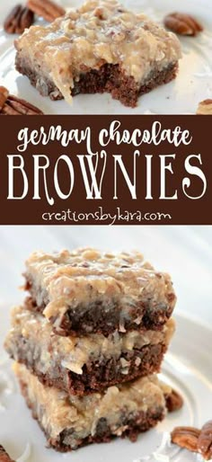 german chocolate brownies stacked on top of each other