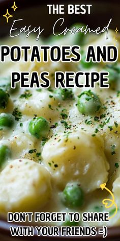 potatoes and peas recipe in a bowl with text overlay