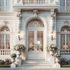 a large white building with many windows and flowers on the front door, along with two tall planters