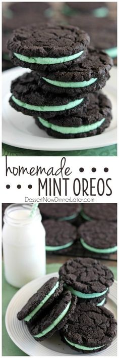 chocolate mint oreo cookies stacked on top of each other with milk in the background