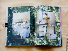 an open book with pictures of furniture and trees in it on top of a wooden table