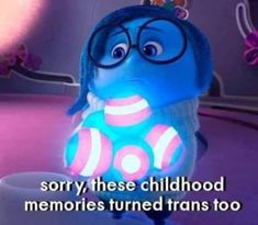 a cartoon character with glasses holding a light up item in his hand and the caption says sorry, these childhood memories turned transs too