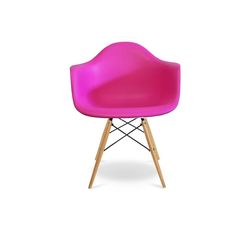 a pink plastic chair with wooden legs