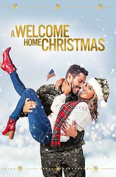 a man and woman hugging each other in front of a snow covered background with the words welcome home christmas