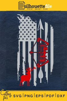 an american flag with a deer and arrow on it is shown in red, white and blue