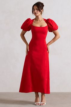 CLUB L LONDON
@clubllondon 
Hacienda Red Poplin Puff-Sleeve Maxi Dress Red Puff Dress, Summer Day Dresses, Club L London, Black Dress Prom, White Maxi Dress, Black Tie Gala, Party Dress Long Sleeve, Christmas Party Dress, Bridesmaid Outfit