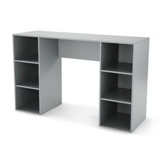 an office desk with shelves on the top and bottom shelf in grey, isolated against a white background