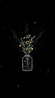 a vase with flowers in it on a black background and some stars above the jar