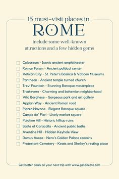 to do Checklist place to visit in Rome Template free. Bucket list Europe Travel List, Things To Do In Italy Bucket Lists, Italy Checklist, Rome Italy Outfits, Rome Coliseum