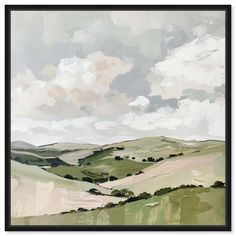 an abstract landscape with green hills and clouds